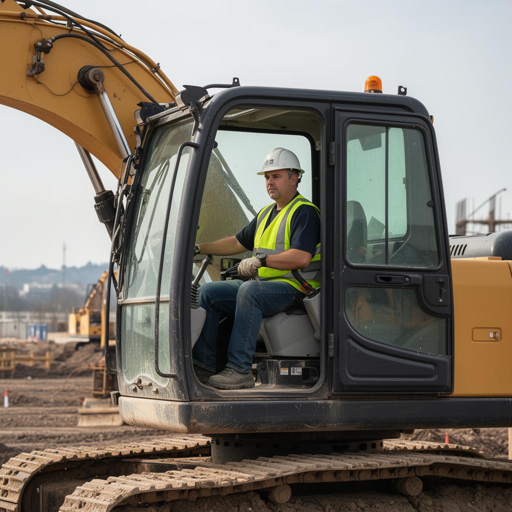 Heavy machinery operator in the cab of an excavator at a construction site